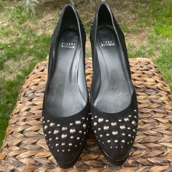 Stuart Weitzman Black Suede & Leather Studded Platform Stiletto Pumps. Size 8.5 - Picture 4 of 8